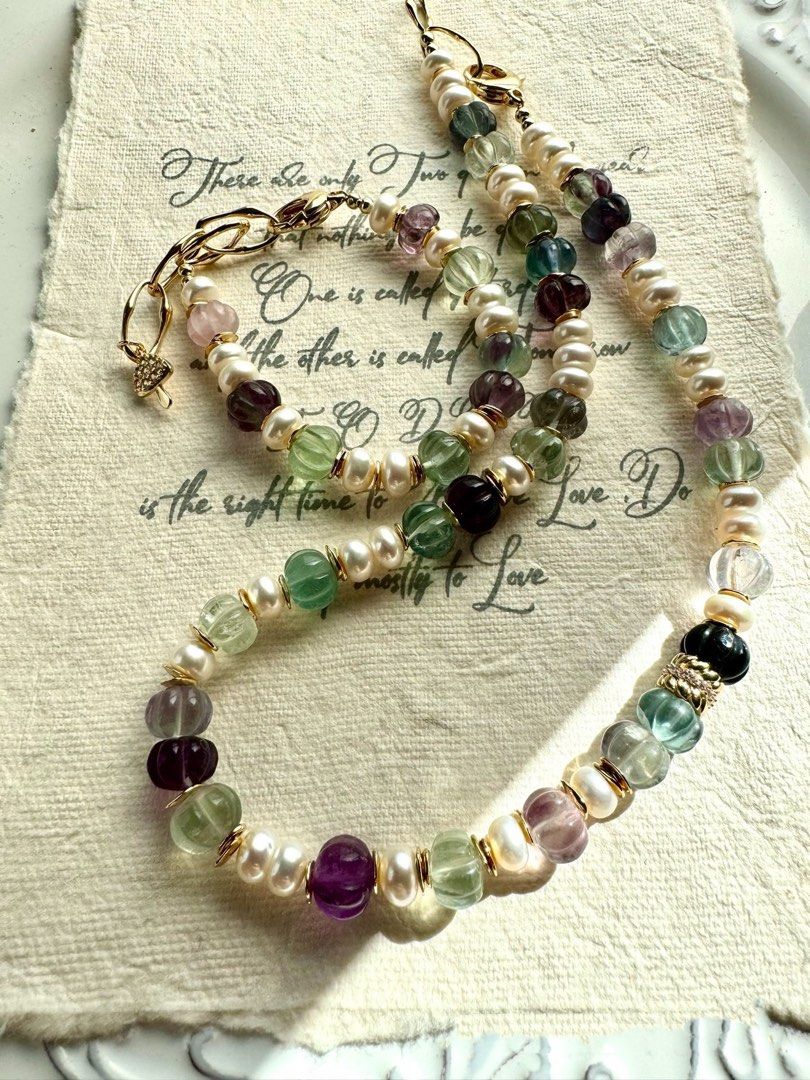 #PN229 Grape Land |Freshwater Pearl Necklace & Bracelet Set |Fluorite|Abacus Shaped Pearls|Pumpkin Stones|Can Connect to Wear