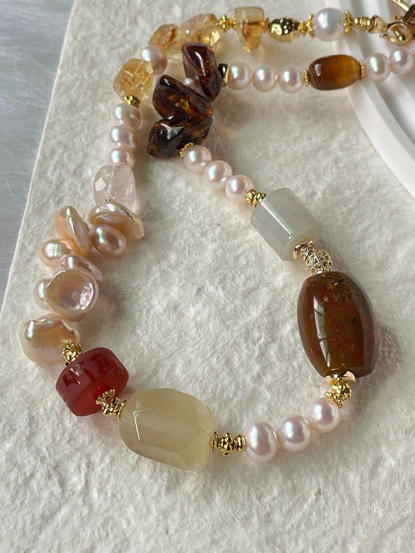 #PN46 Starlit Stones|Freshwater Pearl Necklace |Big Red Agate Barrel |Big Lemon Quartz |Petal Baroque Pearl |Big Beeswax Chip|Jade Barrel |Citrine Freeform|Strong Presence