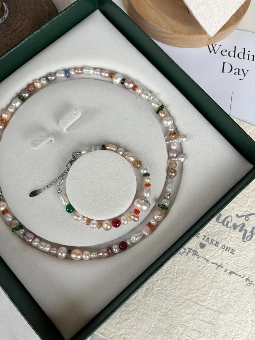 #PN244 Candy Crush |Freshwater Pearl Necklace & Bracelet Set |Colorful Summer |Baroque Pearl |Natural Stones