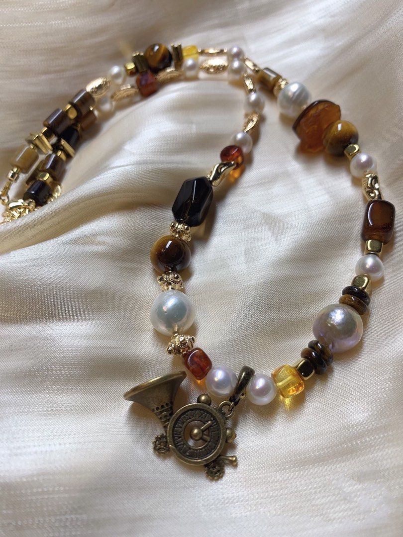 #PN214 [Sale]Afternoon Leisure |Freshwater Pearl Necklace & Bracelet Set |Brown Quartz |Tea Tiger Eye|Baroque Pearl |Trumpet Pendant Removable