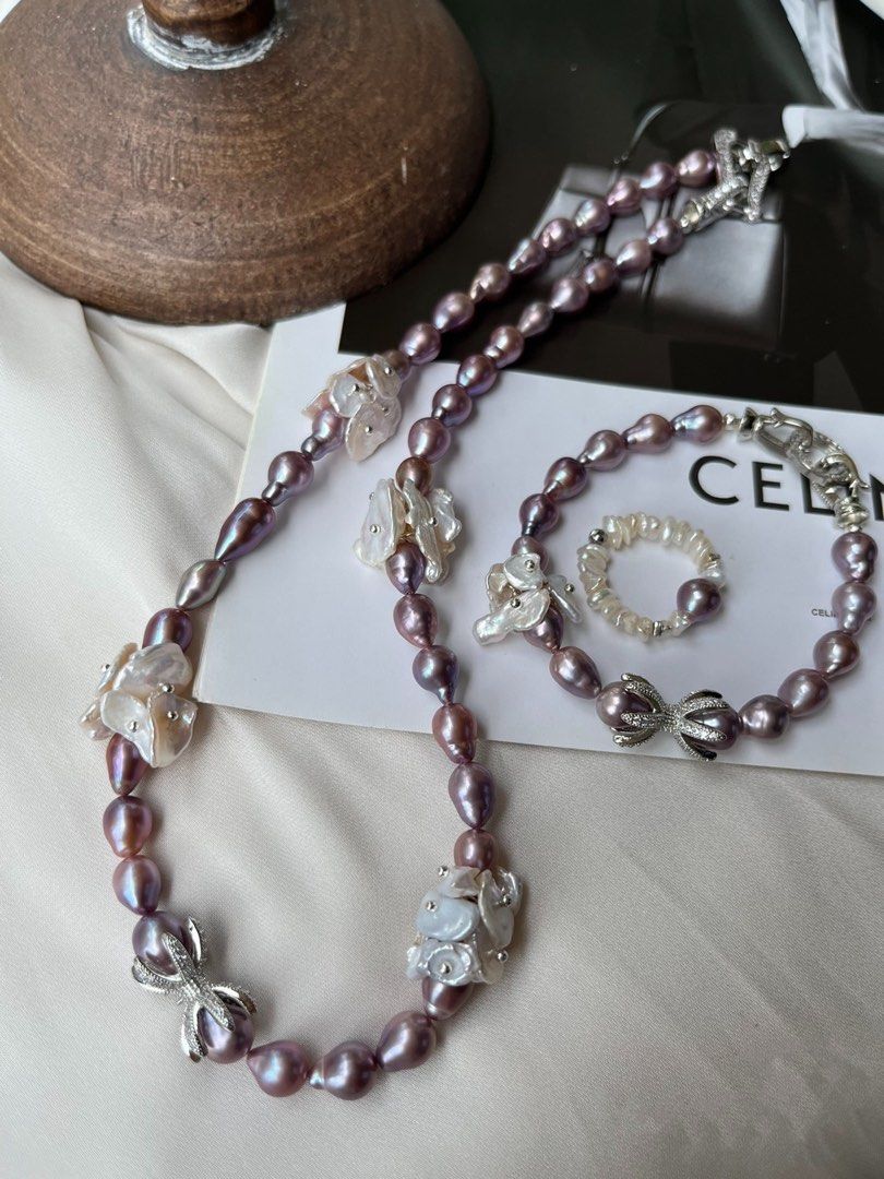 #PN136 [Floral Series] Freshwater Pearl Necklace + Bracelet + Ring Set|Purple Baroque Pearl |Cool Silver|Gorgeous|Metallic