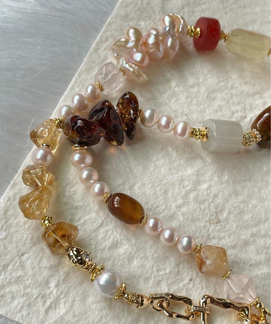 #PN46 Starlit Stones|Freshwater Pearl Necklace |Big Red Agate Barrel |Big Lemon Quartz |Petal Baroque Pearl |Big Beeswax Chip|Jade Barrel |Citrine Freeform|Strong Presence
