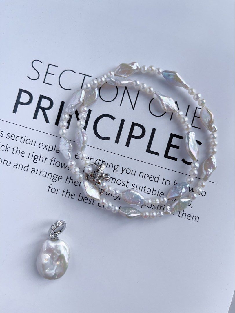 #PN199 Silver Lightning |Freshwater Pearl Necklace & Bracelet Set|Removable Pendant |Removable Connection Ring|Diamond Shaped Pearl |Baby Pearl |Silver Lustre