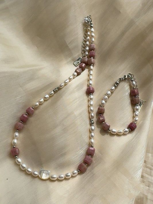 #PN245 Pink Kitty| Freshwater Pearl Necklace & Bracelet Set |Kitty MOP|Faceted Rhodonite|Rice Pearl
