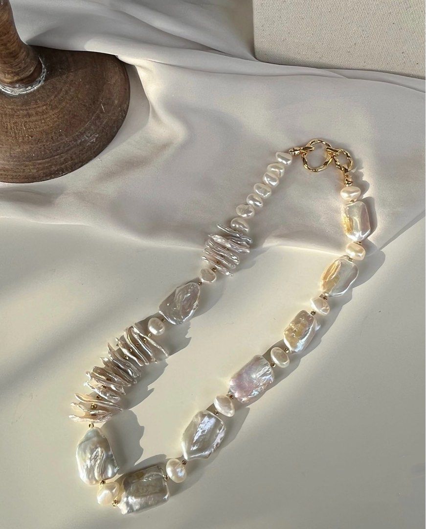 #PN84 White Square | Freshwater Pearl Necklace | Gilted|Overlapped|Lustrous Baroque Pearl
