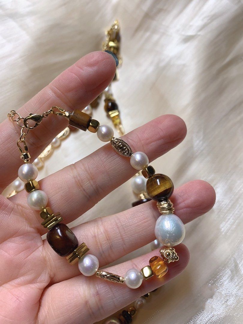 #PN214 [Sale]Afternoon Leisure |Freshwater Pearl Necklace & Bracelet Set |Brown Quartz |Tea Tiger Eye|Baroque Pearl |Trumpet Pendant Removable