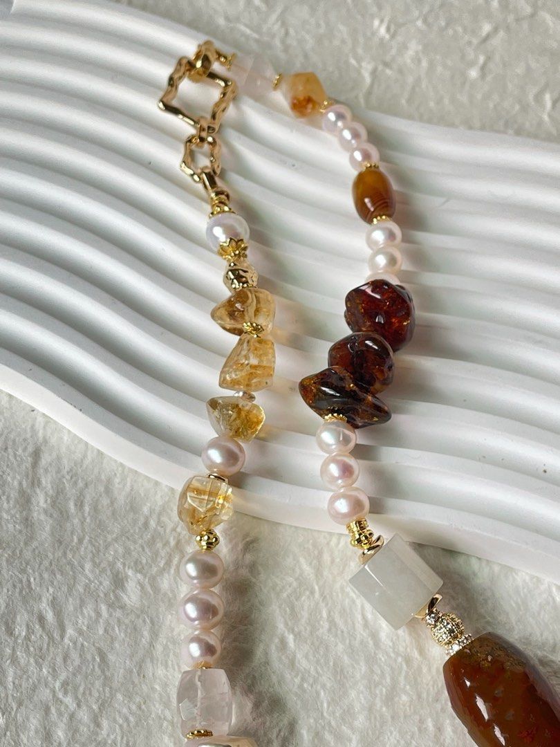 #PN46 Starlit Stones|Freshwater Pearl Necklace |Big Red Agate Barrel |Big Lemon Quartz |Petal Baroque Pearl |Big Beeswax Chip|Jade Barrel |Citrine Freeform|Strong Presence