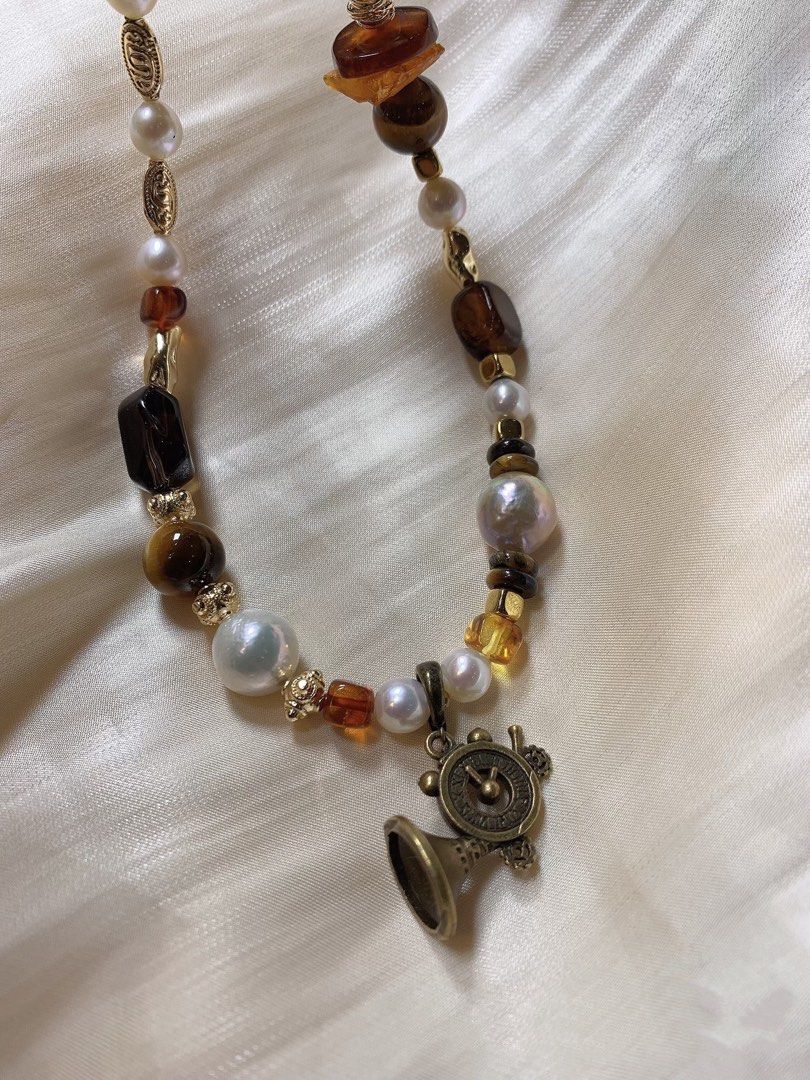 #PN214 [Sale]Afternoon Leisure |Freshwater Pearl Necklace & Bracelet Set |Brown Quartz |Tea Tiger Eye|Baroque Pearl |Trumpet Pendant Removable
