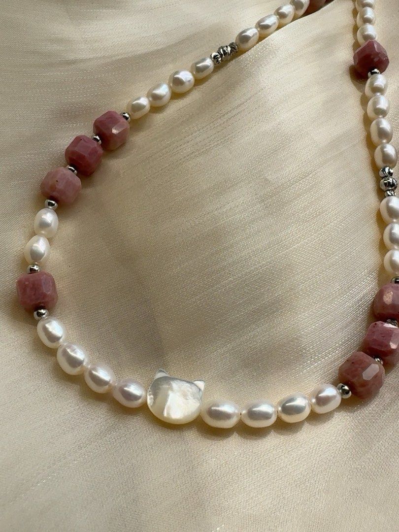 #PN245 Pink Kitty| Freshwater Pearl Necklace & Bracelet Set |Kitty MOP|Faceted Rhodonite|Rice Pearl