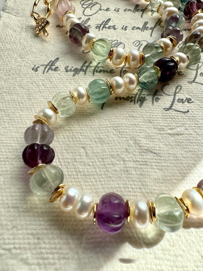 #PN229 Grape Land |Freshwater Pearl Necklace & Bracelet Set |Fluorite|Abacus Shaped Pearls|Pumpkin Stones|Can Connect to Wear