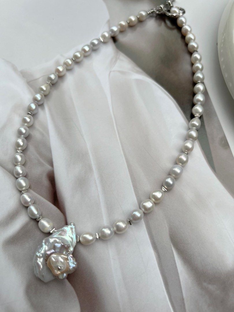 #PN125 Genuine Grey Rose Freshwater Baroque Pearl Necklace |Grey Rice Pearl |Blue-Silver Petal Rose Baroque Pendant
