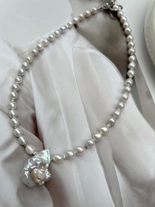 #PN125 Genuine Grey Rose Freshwater Baroque Pearl Necklace |Grey Rice Pearl |Blue-Silver Petal Rose Baroque Pendant