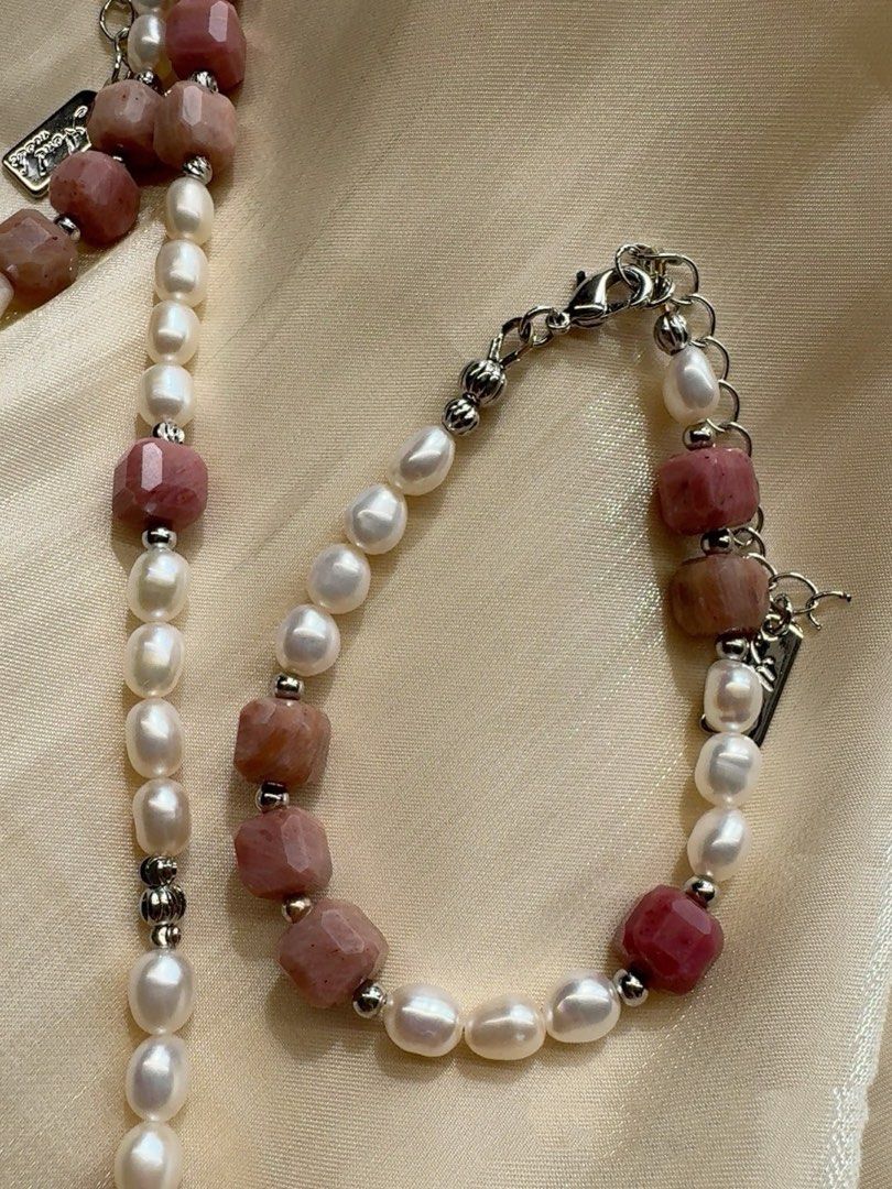 #PN245 Pink Kitty| Freshwater Pearl Necklace & Bracelet Set |Kitty MOP|Faceted Rhodonite|Rice Pearl