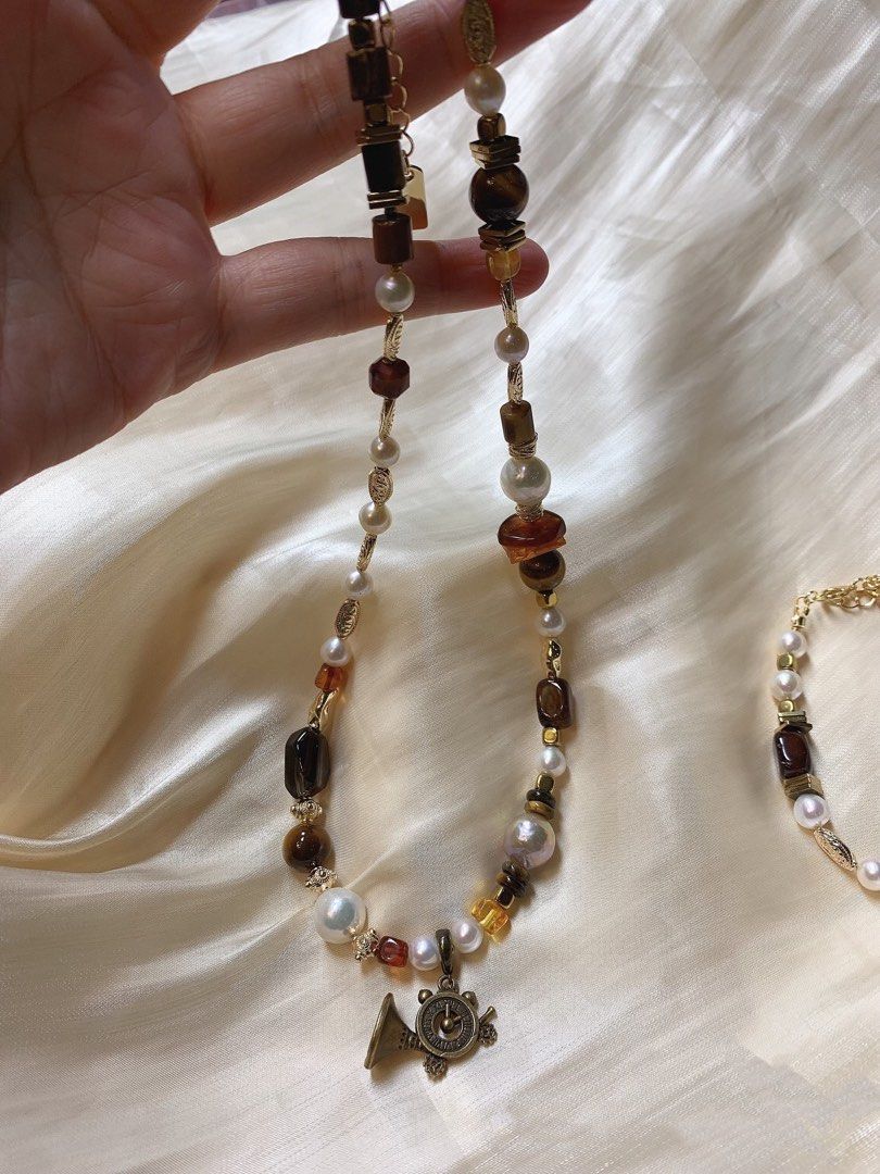 #PN214 [Sale]Afternoon Leisure |Freshwater Pearl Necklace & Bracelet Set |Brown Quartz |Tea Tiger Eye|Baroque Pearl |Trumpet Pendant Removable