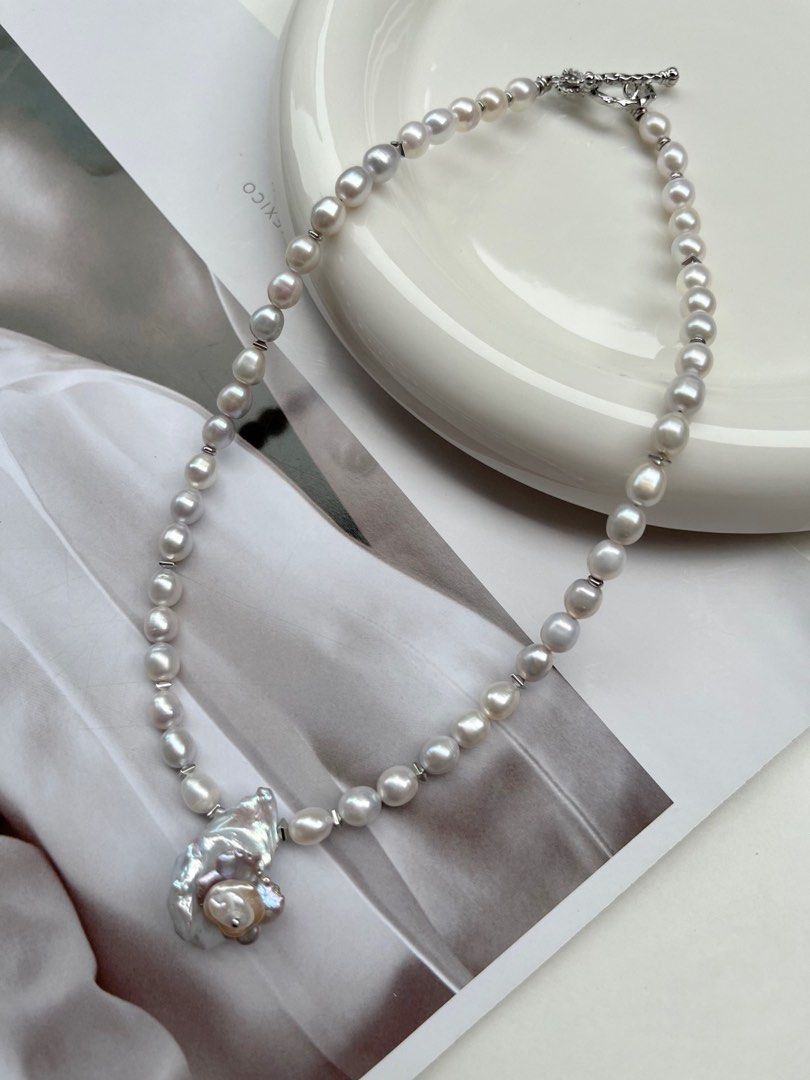 #PN125 Genuine Grey Rose Freshwater Baroque Pearl Necklace |Grey Rice Pearl |Blue-Silver Petal Rose Baroque Pendant