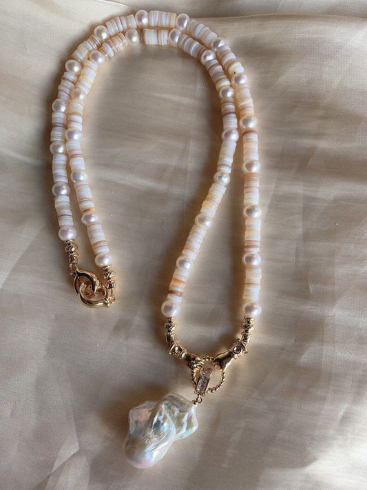 #PN47 [Sale] Handmade Original Design Freshwater Pearl Necklace |Stacked Shell “Coins” |30mm Big Baroque Pearl Pendant |Removable Pendant |Super Long 63cm