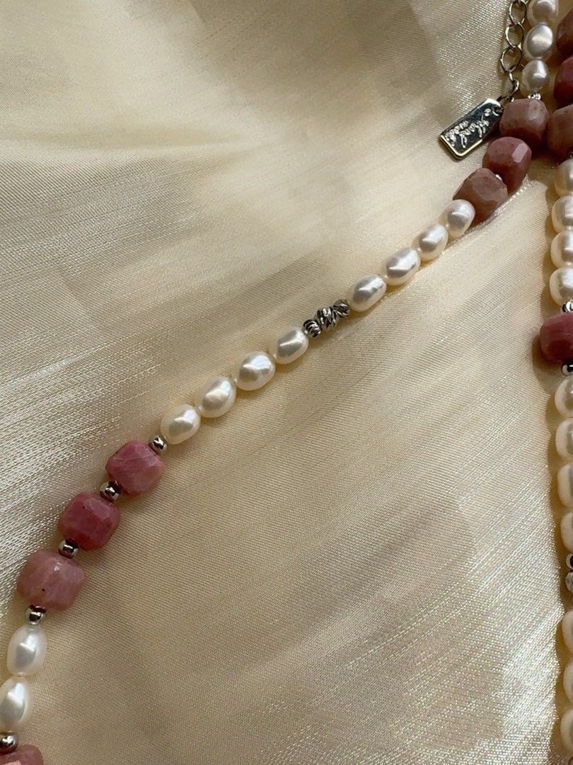 #PN245 Pink Kitty| Freshwater Pearl Necklace & Bracelet Set |Kitty MOP|Faceted Rhodonite|Rice Pearl