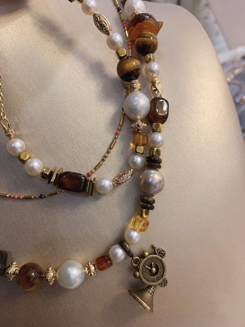 #PN214 [Sale]Afternoon Leisure |Freshwater Pearl Necklace & Bracelet Set |Brown Quartz |Tea Tiger Eye|Baroque Pearl |Trumpet Pendant Removable
