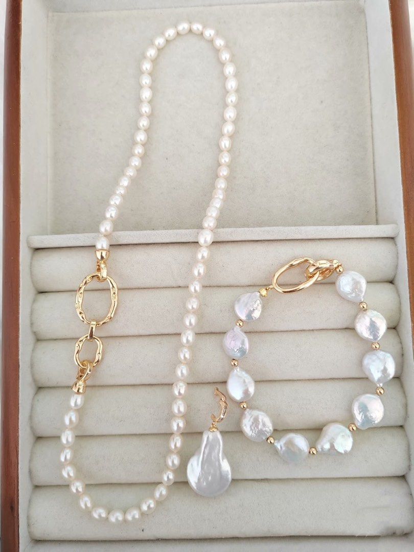 #PN200 [Multi Wearing Way] Freshwater Pearl Necklace & Bracelet Set|Baroque Coin Pearl| Flawless Rice Pearl |Removable Pendant