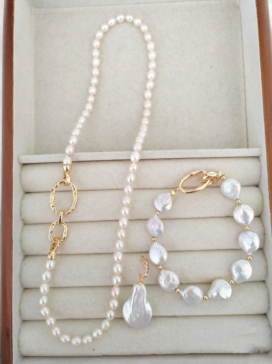 #PN200 [Multi Wearing Way] Freshwater Pearl Necklace & Bracelet Set|Baroque Coin Pearl| Flawless Rice Pearl |Removable Pendant
