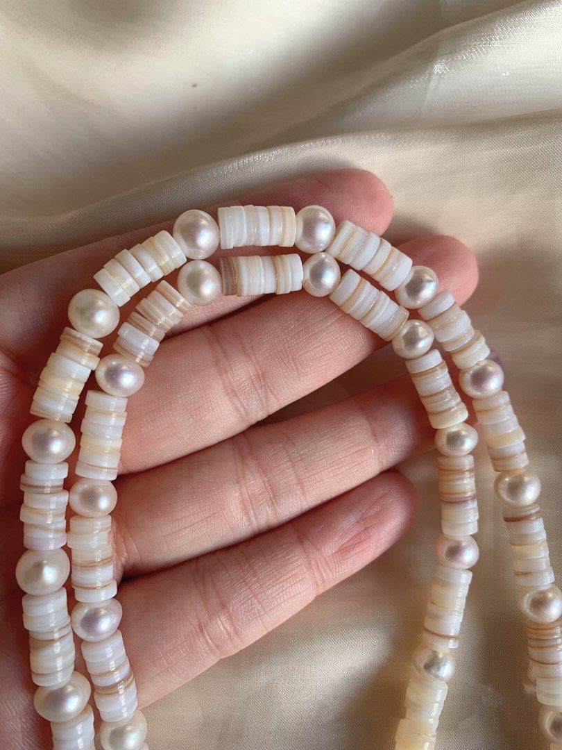 #PN47 [Sale] Handmade Original Design Freshwater Pearl Necklace |Stacked Shell “Coins” |30mm Big Baroque Pearl Pendant |Removable Pendant |Super Long 63cm