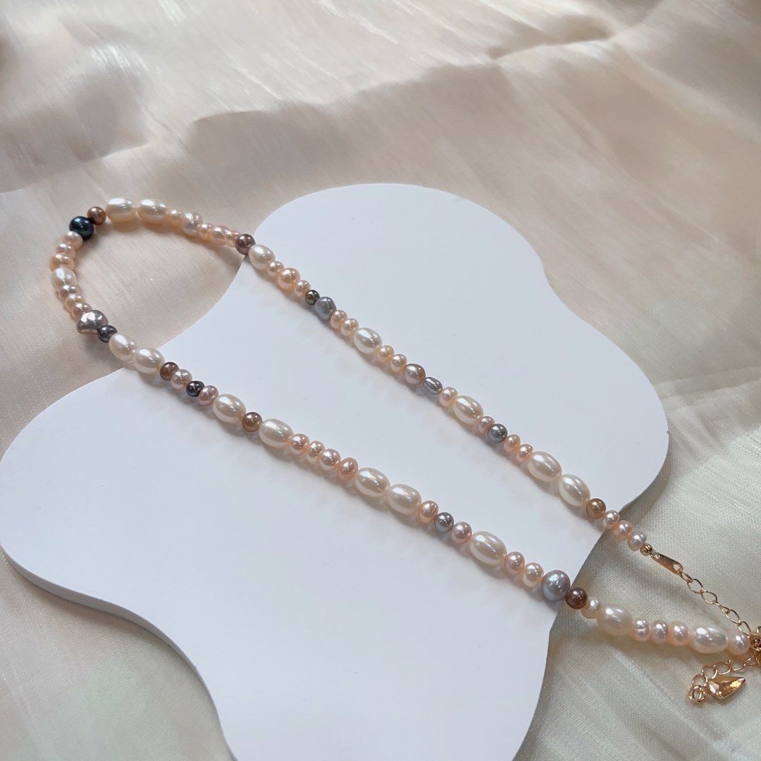 #PN102 Genuine Freshwater Pearl Necklace & Earring Set Rice Pearl Mixed Colour