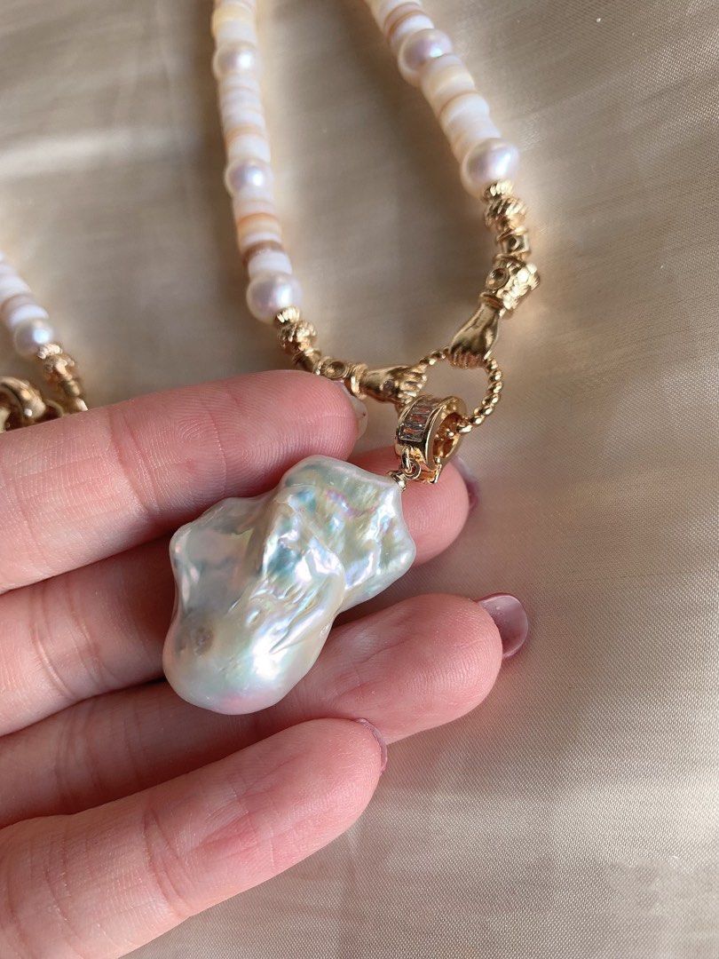 #PN47 [Sale] Handmade Original Design Freshwater Pearl Necklace |Stacked Shell “Coins” |30mm Big Baroque Pearl Pendant |Removable Pendant |Super Long 63cm