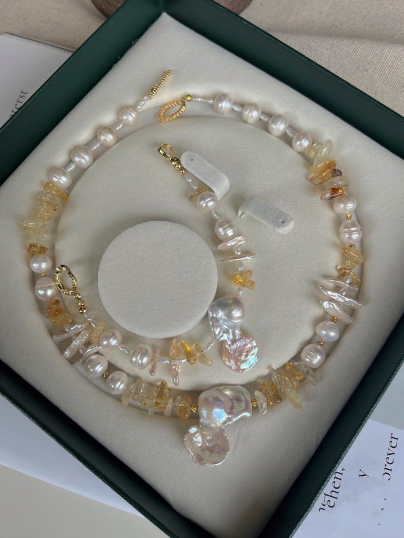 #PN230 Tail Baroque |Freshwater Pearl Necklace & Bracelet Set |Big Irregular Baroque Pearl |Excellent Lustre|Yellow Quartz |Natural Growth Lines