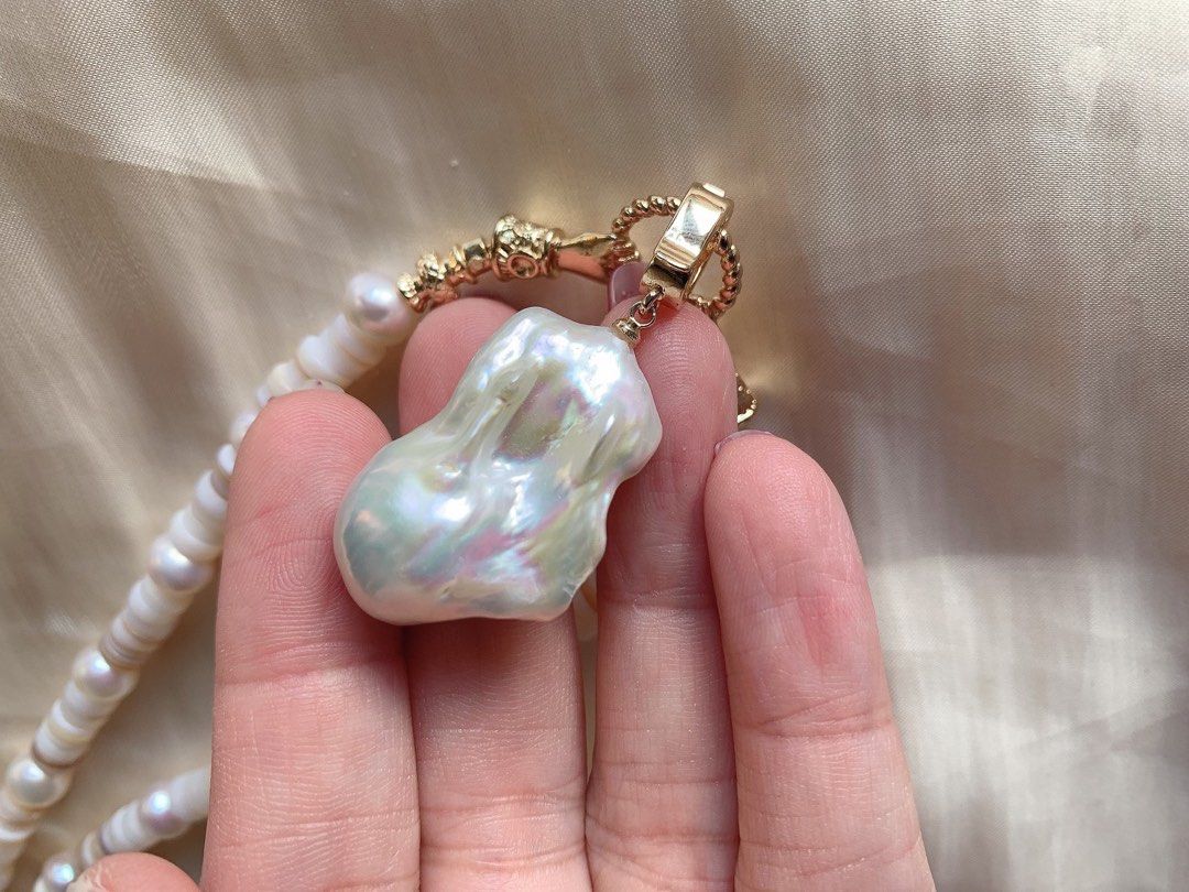 #PN47 [Sale] Handmade Original Design Freshwater Pearl Necklace |Stacked Shell “Coins” |30mm Big Baroque Pearl Pendant |Removable Pendant |Super Long 63cm
