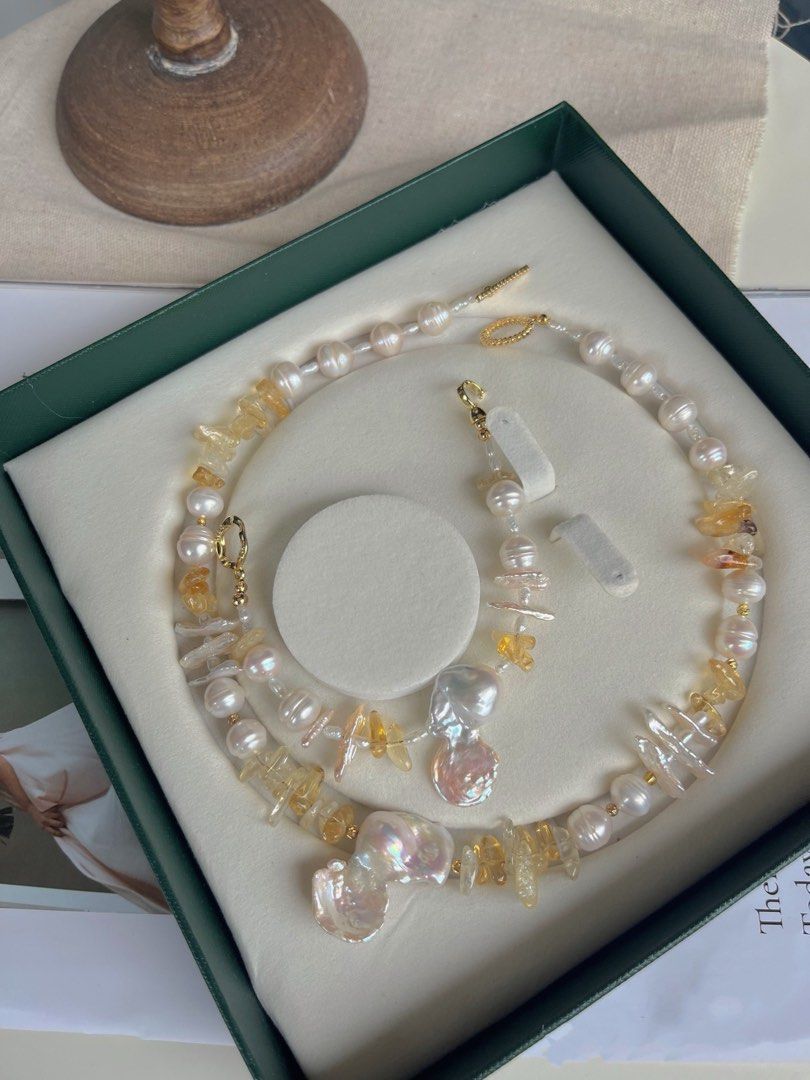 #PN230 Tail Baroque |Freshwater Pearl Necklace & Bracelet Set |Big Irregular Baroque Pearl |Excellent Lustre|Yellow Quartz |Natural Growth Lines