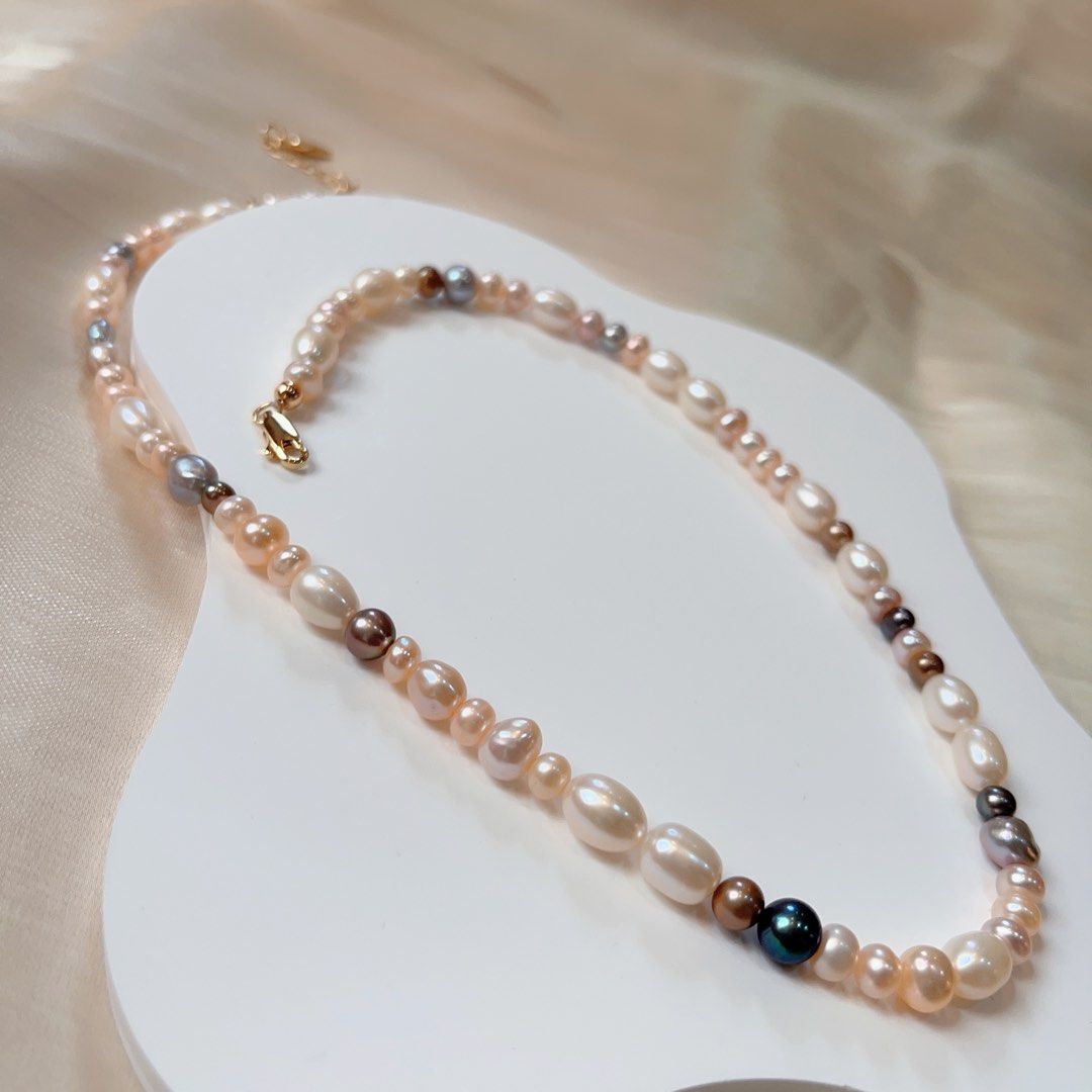 #PN102 Genuine Freshwater Pearl Necklace & Earring Set Rice Pearl Mixed Colour