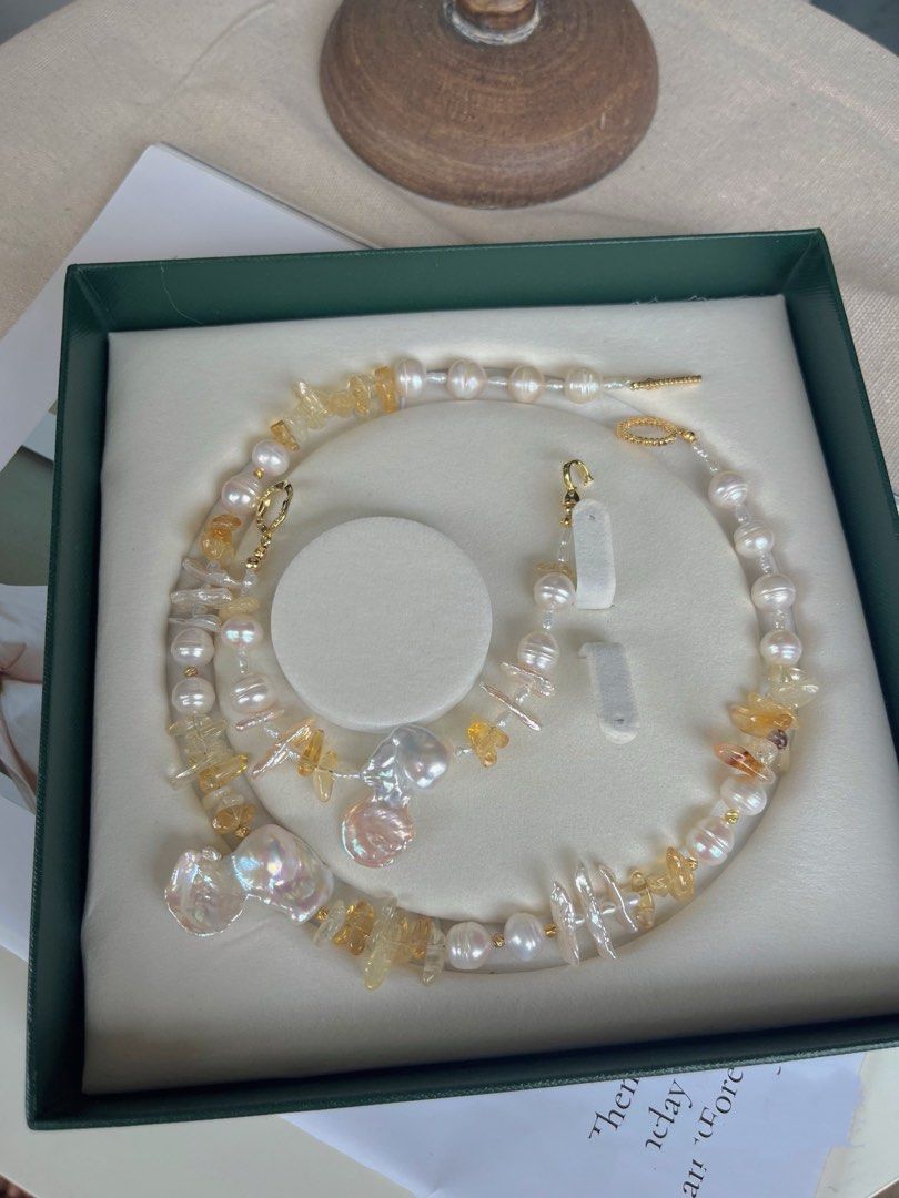 #PN230 Tail Baroque |Freshwater Pearl Necklace & Bracelet Set |Big Irregular Baroque Pearl |Excellent Lustre|Yellow Quartz |Natural Growth Lines