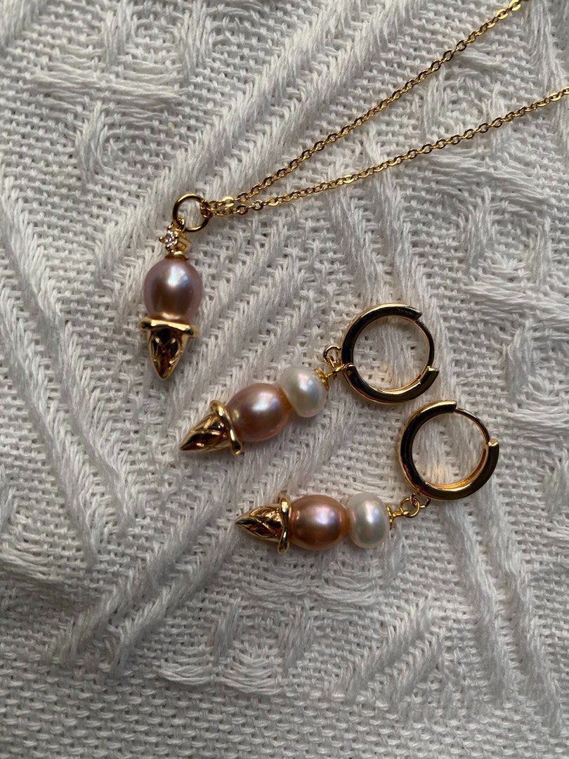 #PN216 Genuine Freshwater Pearl Earrings & Necklace Set |Ice Cream Design |Cute|Stacked Pearl |Mixed Colour