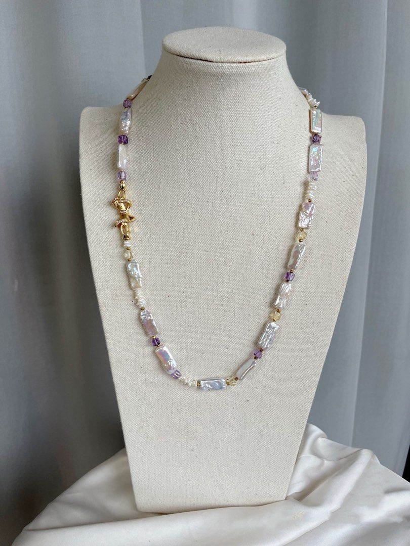 #PN231 [Baroque Castle] Freshwater Pearl Necklace & Bracelet Set |Square Shaped Pearl |Clear Purple Quartz |Bow Clasp|Baby Baroque Pearl