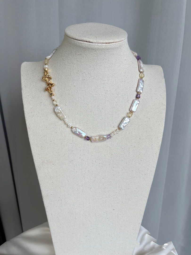 #PN231 [Baroque Castle] Freshwater Pearl Necklace & Bracelet Set |Square Shaped Pearl |Clear Purple Quartz |Bow Clasp|Baby Baroque Pearl