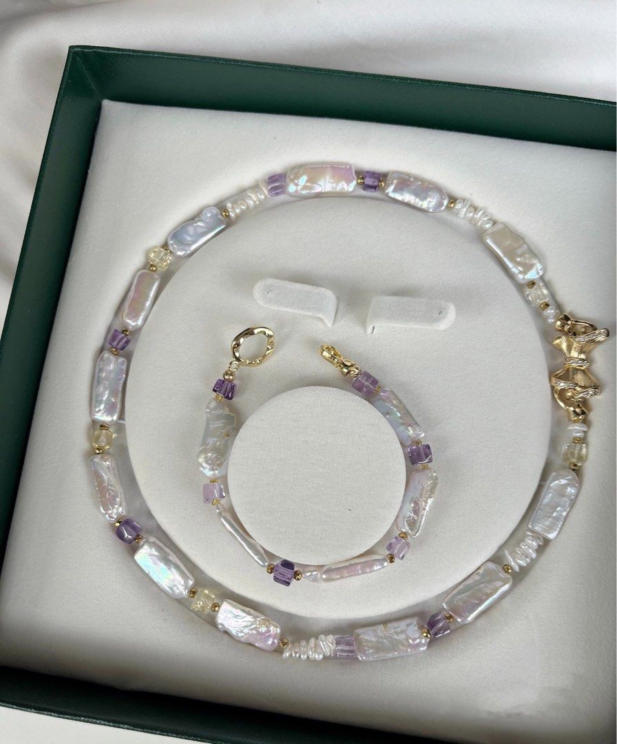 #PN231 [Baroque Castle] Freshwater Pearl Necklace & Bracelet Set |Square Shaped Pearl |Clear Purple Quartz |Bow Clasp|Baby Baroque Pearl