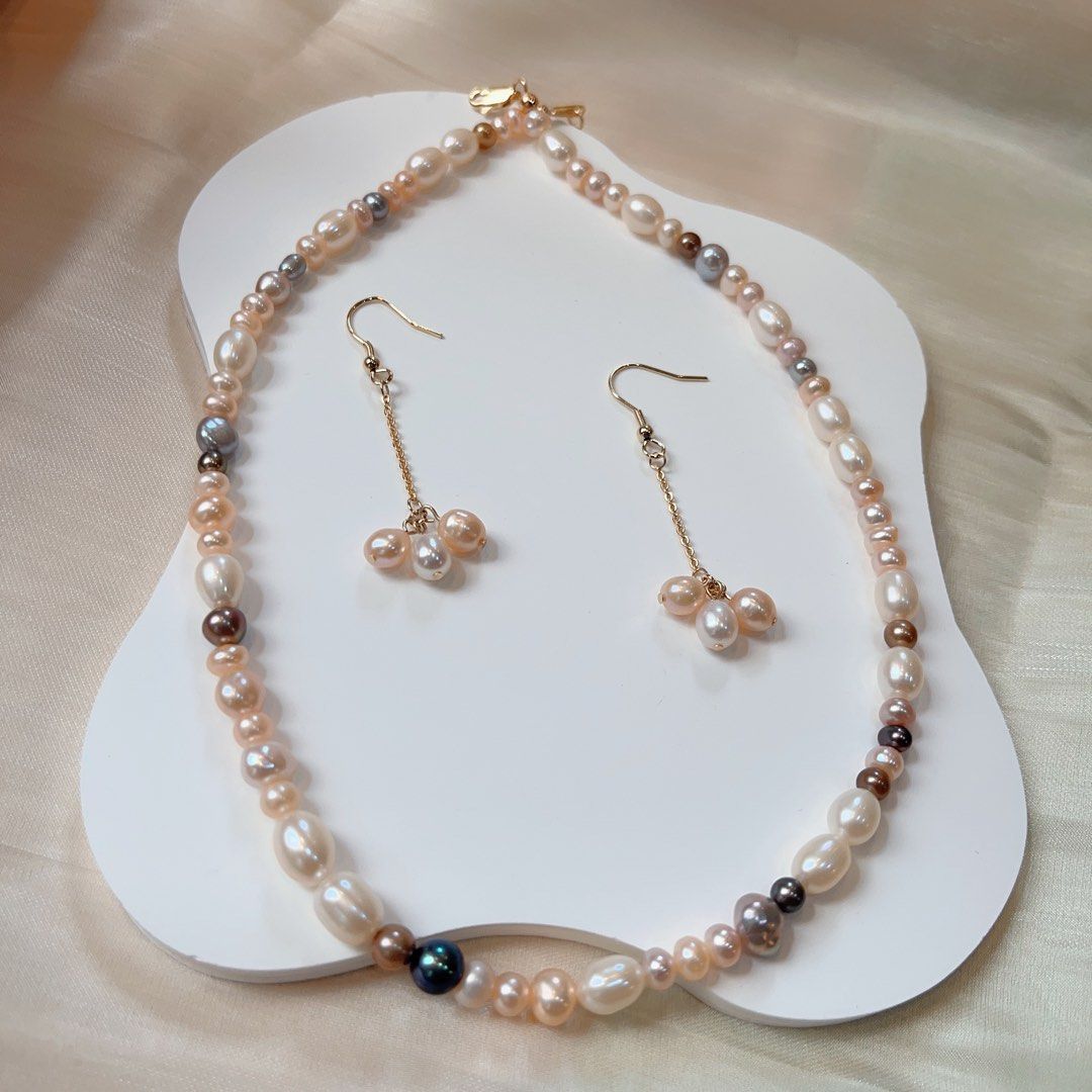 #PN102 Genuine Freshwater Pearl Necklace & Earring Set Rice Pearl Mixed Colour