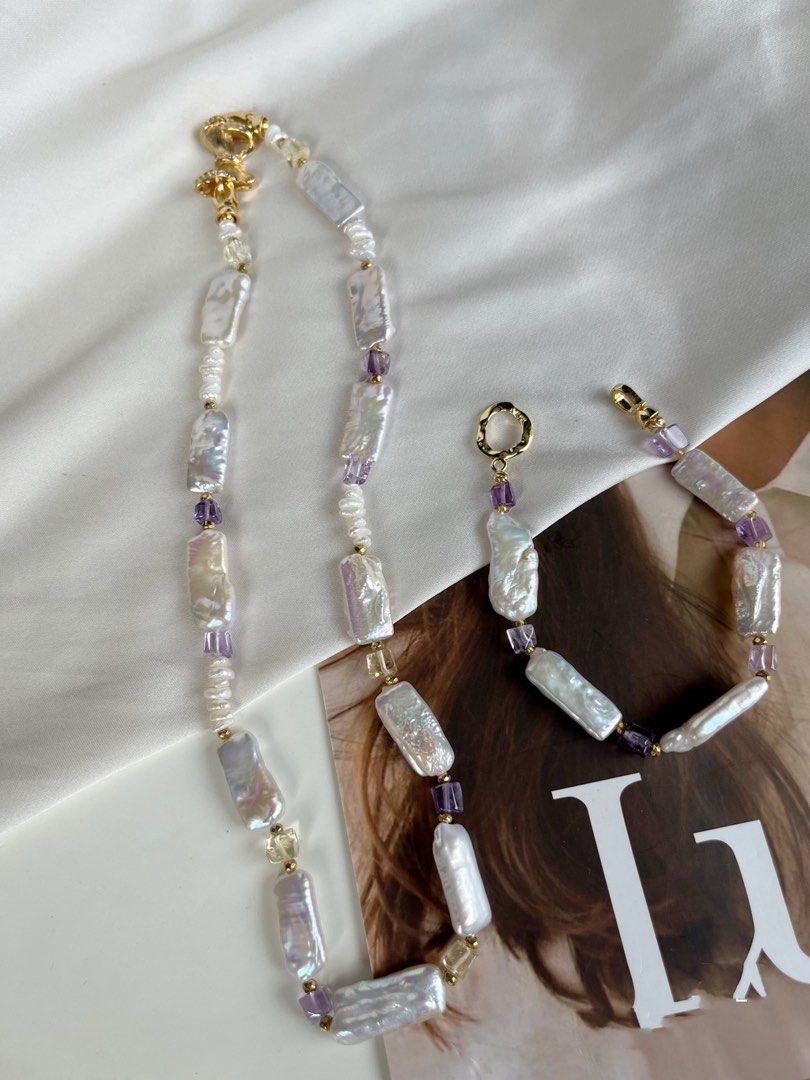 #PN231 [Baroque Castle] Freshwater Pearl Necklace & Bracelet Set |Square Shaped Pearl |Clear Purple Quartz |Bow Clasp|Baby Baroque Pearl