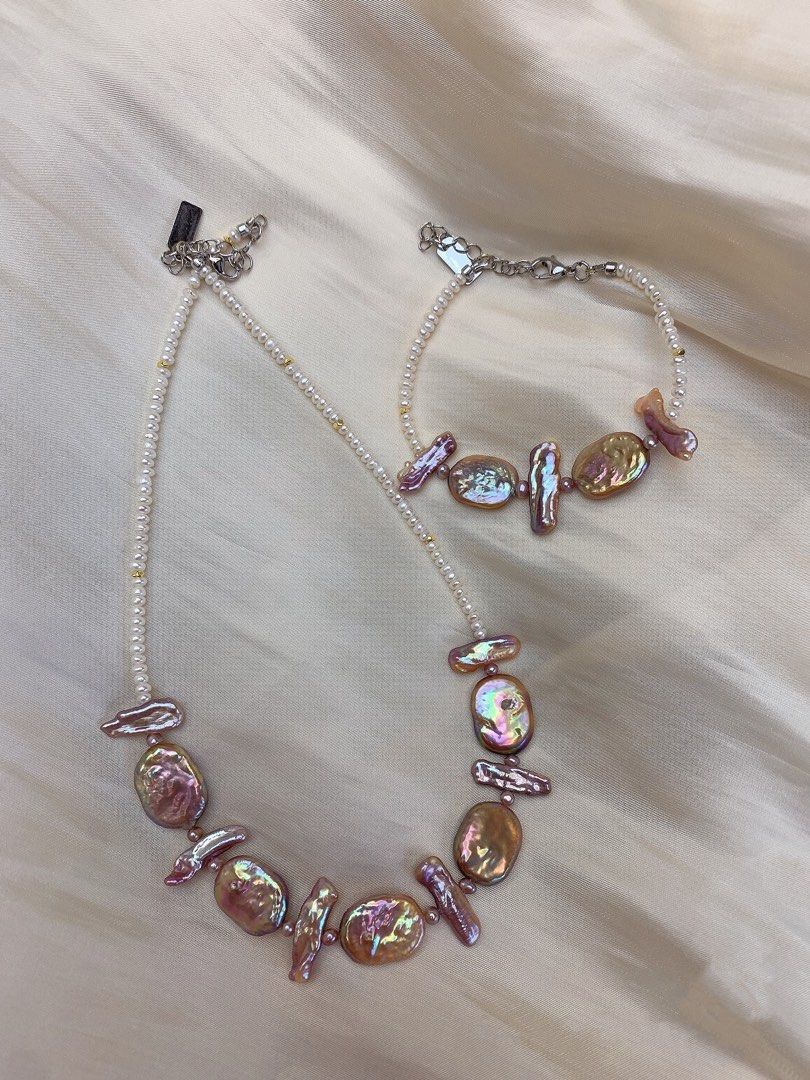 #PN217 Square & Stick Baroque Pearl Necklace & Bracelet Set |Freshwater Pearl |Purple|Lustrous|Baby white Baroque Pearl