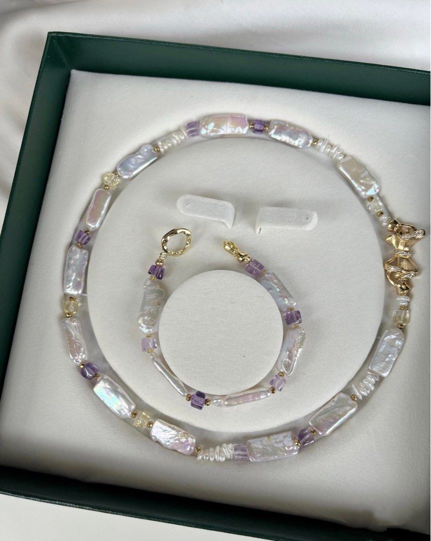 #PN231 [Baroque Castle] Freshwater Pearl Necklace & Bracelet Set |Square Shaped Pearl |Clear Purple Quartz |Bow Clasp|Baby Baroque Pearl
