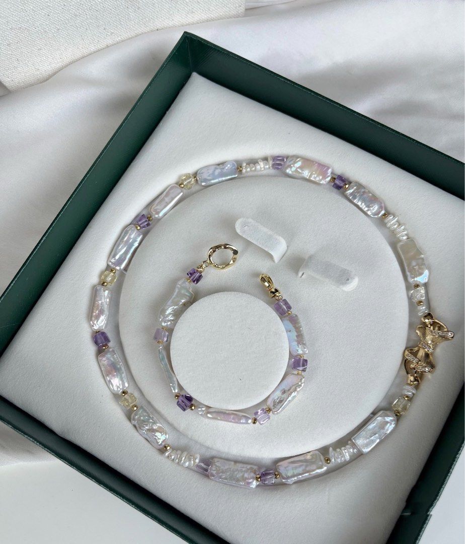 #PN231 [Baroque Castle] Freshwater Pearl Necklace & Bracelet Set |Square Shaped Pearl |Clear Purple Quartz |Bow Clasp|Baby Baroque Pearl