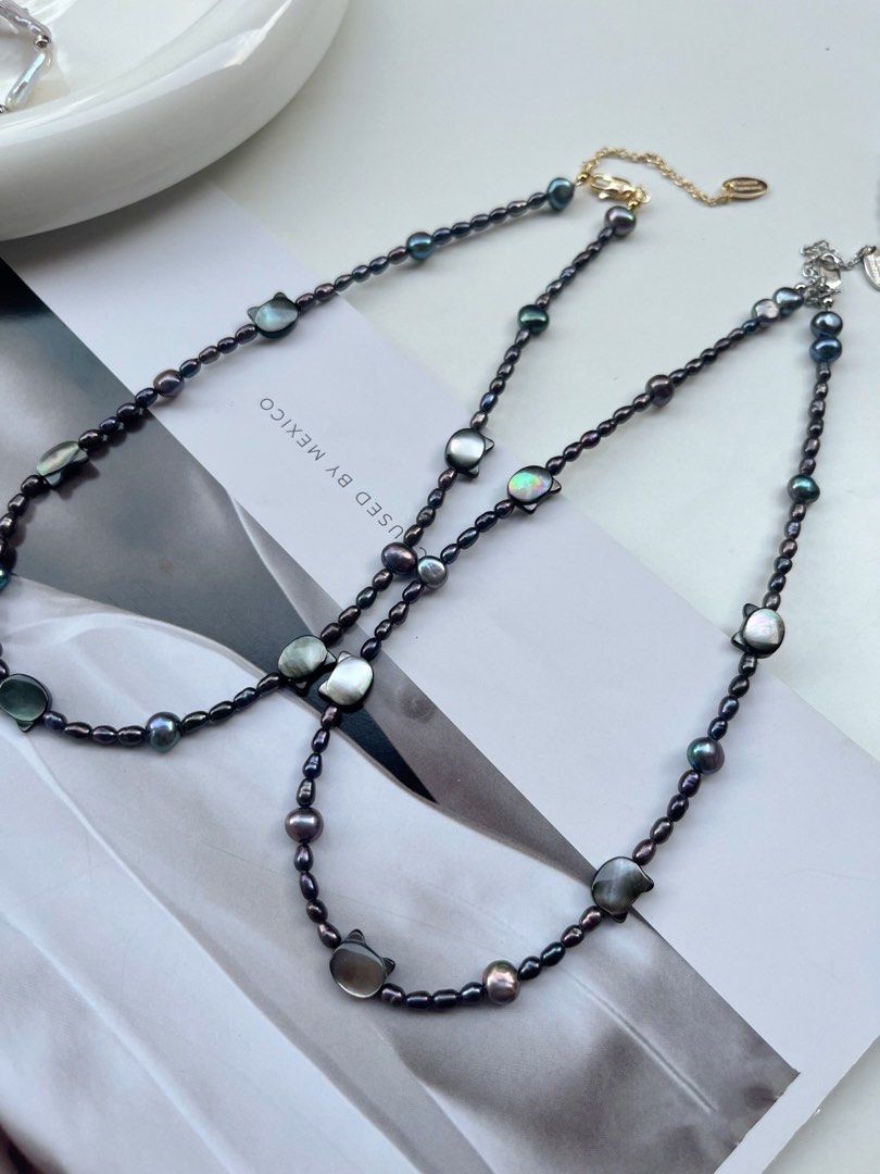 #PN87 Popular Cat Shell Pearl & Malachite Green Baroque Pearl Necklace |Plated Pearl Colour