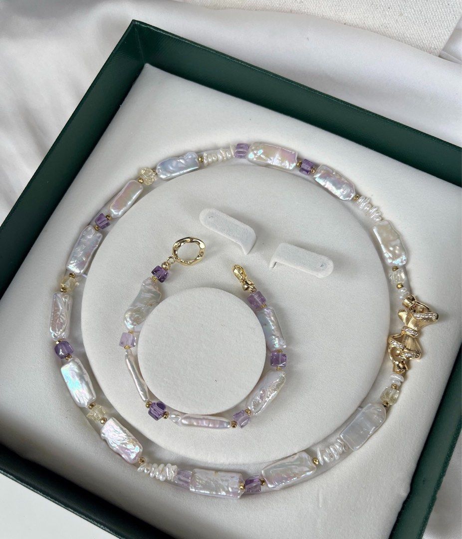 #PN231 [Baroque Castle] Freshwater Pearl Necklace & Bracelet Set |Square Shaped Pearl |Clear Purple Quartz |Bow Clasp|Baby Baroque Pearl