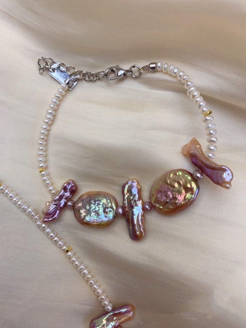 #PN217 Square & Stick Baroque Pearl Necklace & Bracelet Set |Freshwater Pearl |Purple|Lustrous|Baby white Baroque Pearl