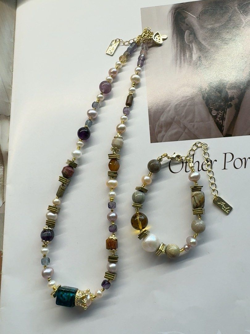 #PN232 Brown Sands|Freshwater Pearl Necklace & Bracelet Set |Vintage Style|Natural Stones|Fluorite|Amber|Mixed Colours