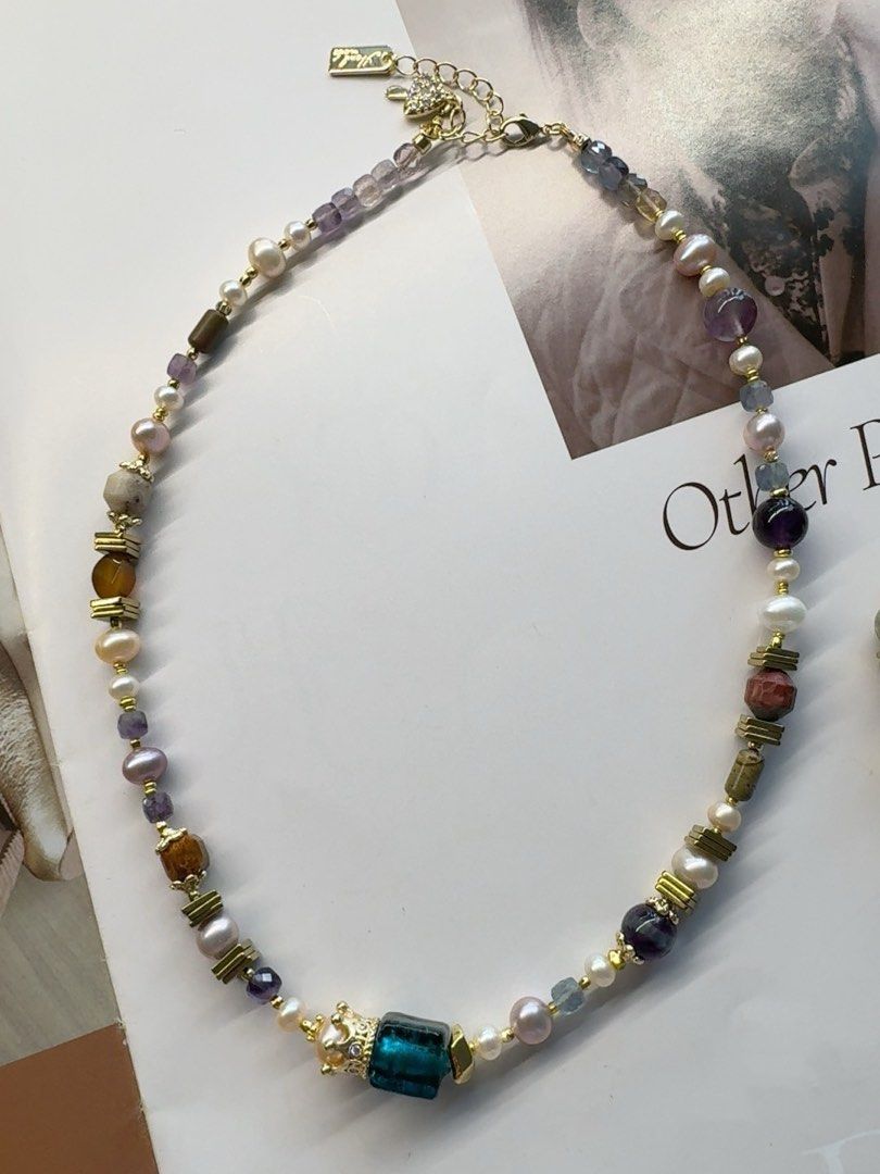 #PN232 Brown Sands|Freshwater Pearl Necklace & Bracelet Set |Vintage Style|Natural Stones|Fluorite|Amber|Mixed Colours