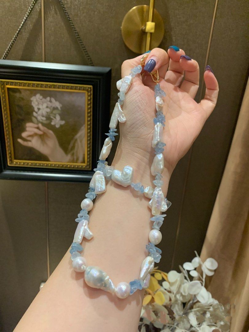 #PN218 Big Baroque Pearl Necklace & Bracelet Set |Aquamarine|Glove Shaped Pearl |Elegant |Bold|Oversized Pearl