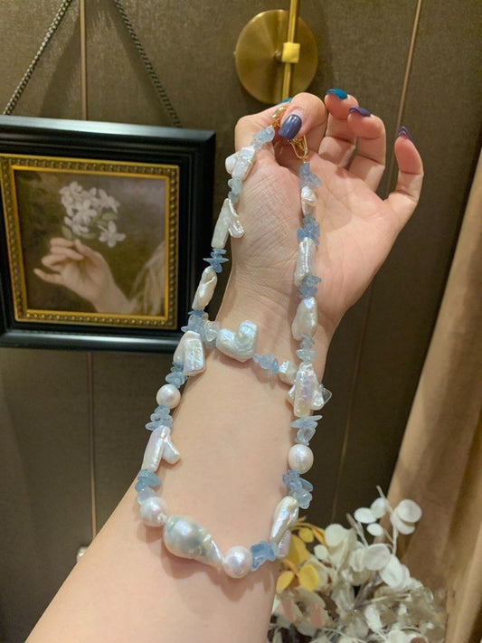 #PN218 Big Baroque Pearl Necklace & Bracelet Set |Aquamarine|Glove Shaped Pearl |Elegant |Bold|Oversized Pearl