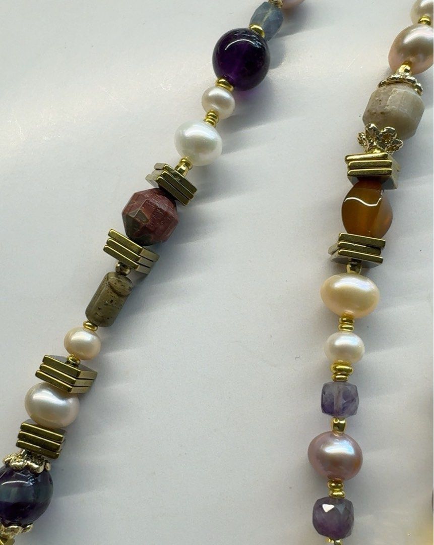 #PN232 Brown Sands|Freshwater Pearl Necklace & Bracelet Set |Vintage Style|Natural Stones|Fluorite|Amber|Mixed Colours