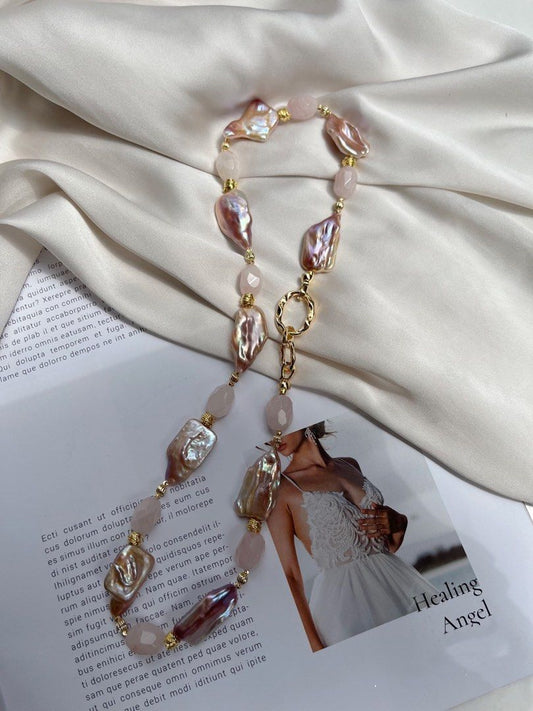 #PN88 [Sale] Rare & Irregular Shaped Freshwater Baroque Pearl & Rose Quartz Necklace |Big Square Baroque Pearl |Colourful Lustre